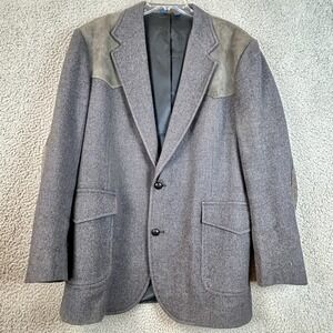 VTG‎ Pendleton Suede Shoulder Elbow Patches Wool Blazer Tweed Coat Gray 44 Long